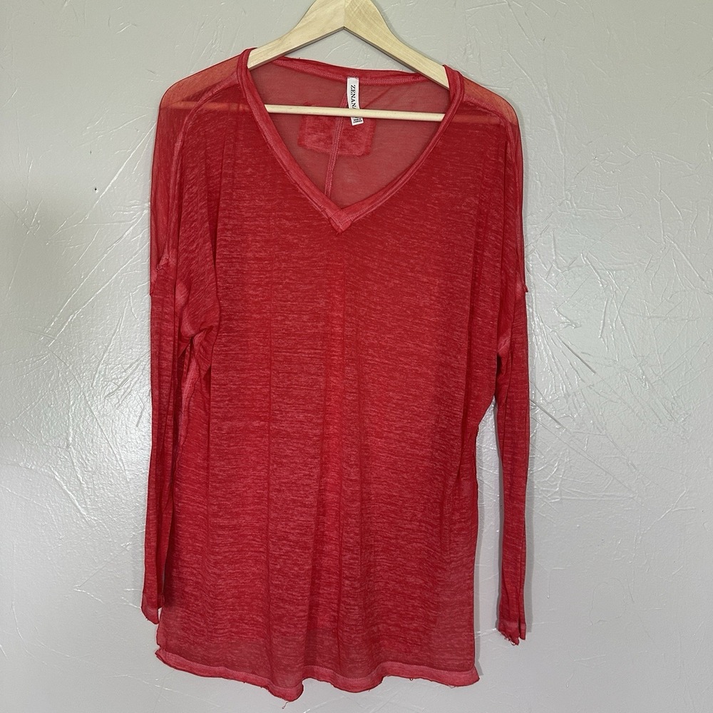 Zenana Melange Burnout Dolman Sleeve V-Neck Top M Red NEW